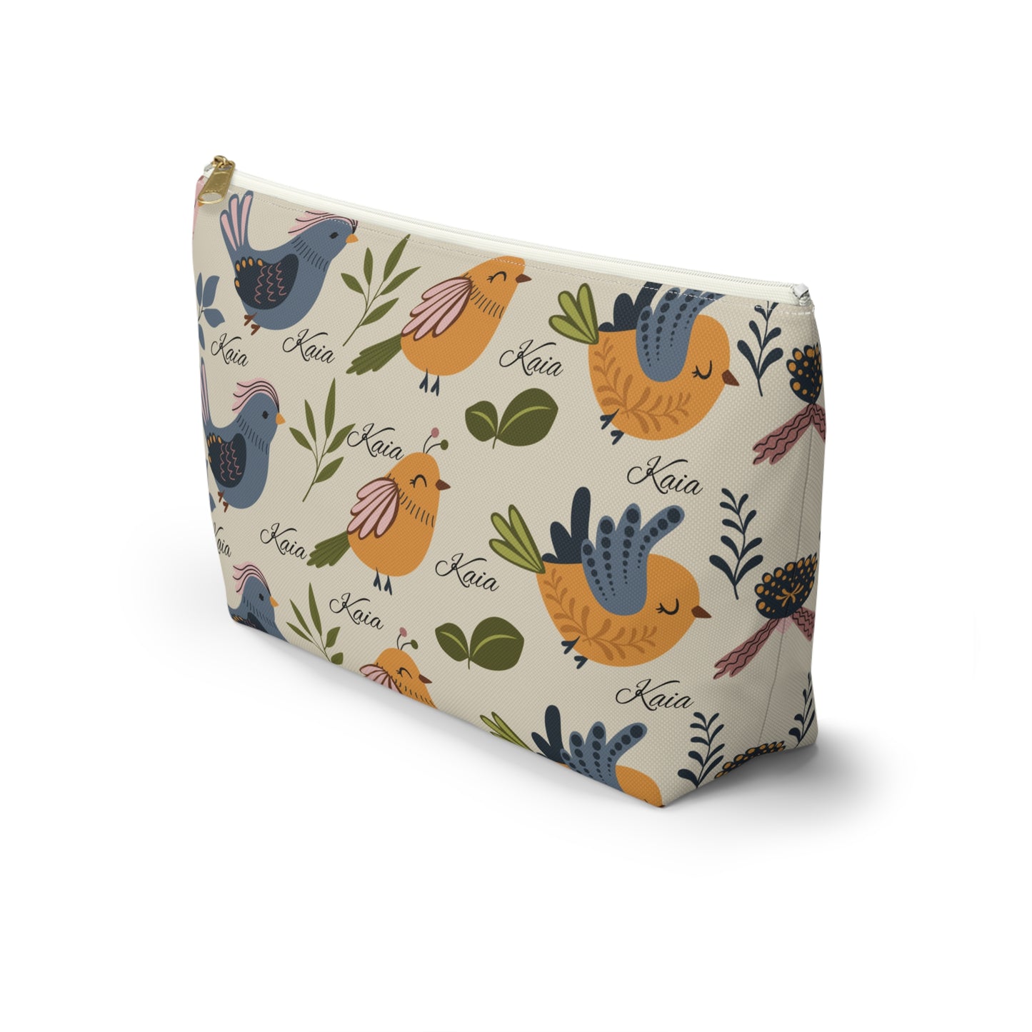 Bird Pattern Accessory Pouch — Personalized "Kaia" Cosmetic Bag