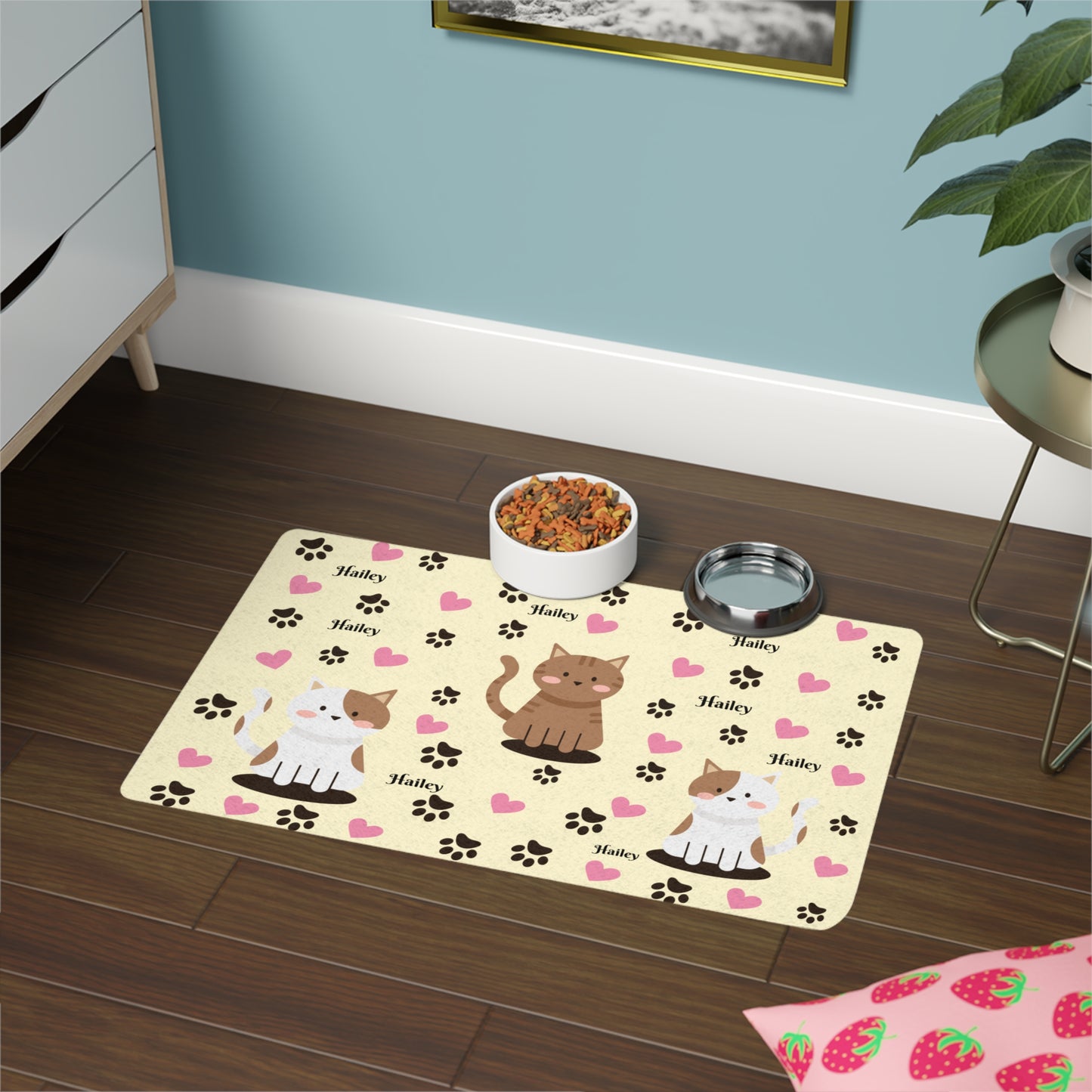 Personalized Cat Paw Pet Food Mat (12x18) — Cute Heart & Name Design