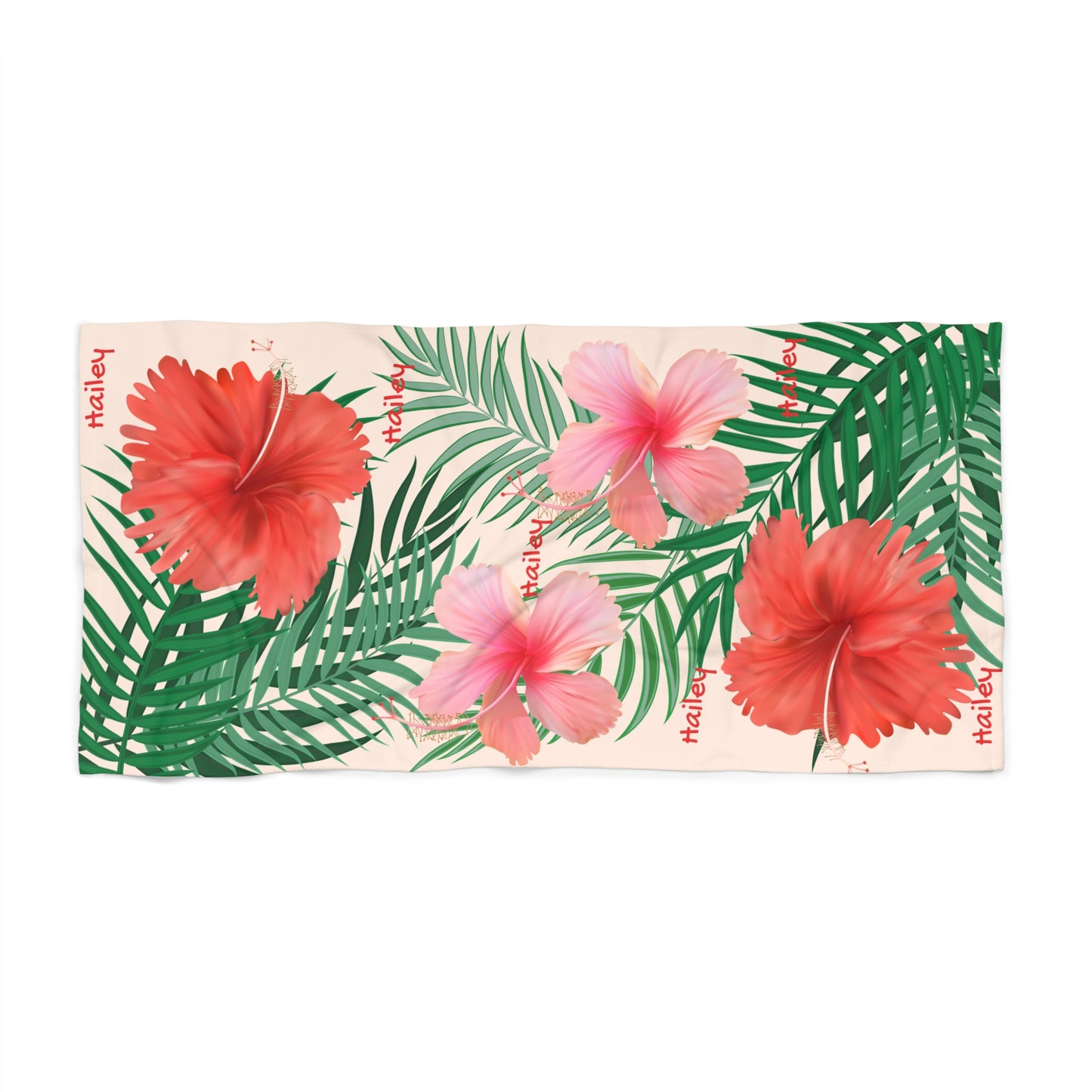 Tropical Hibiscus Beach Towel – Pink & Red Floral Palm Leaves