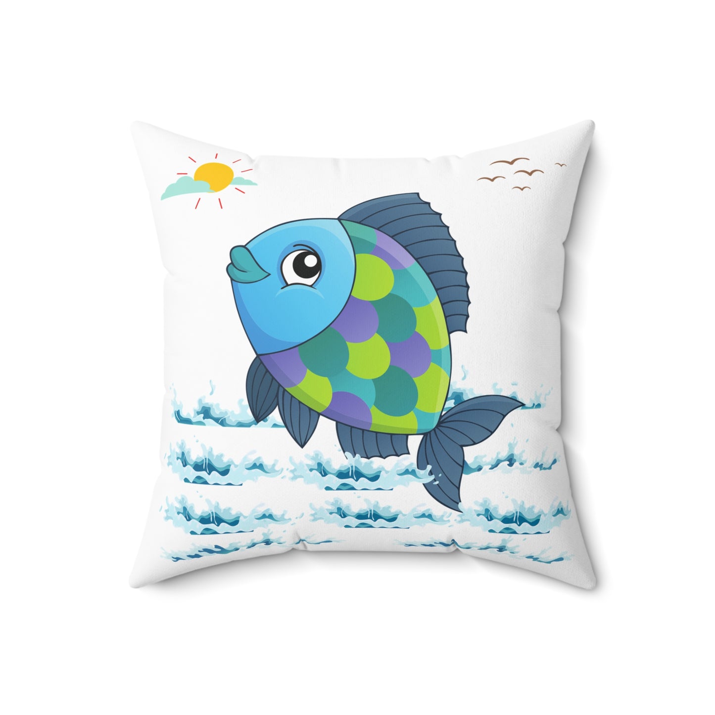 Fish with a sun and birds in the sky above water Spun Polyester Square Pillow