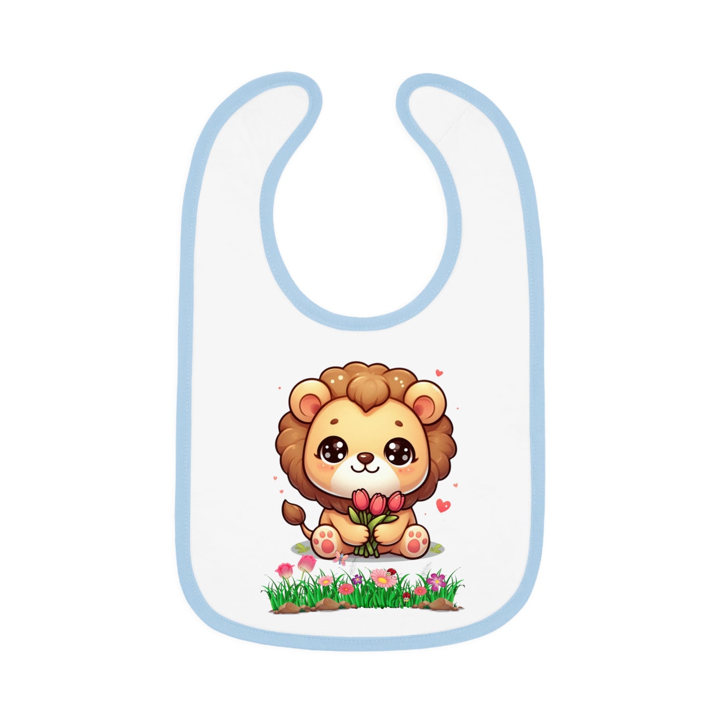 Baby Bib — Cute Lion Holding Flowers, Contrast Trim Infant Feeding Bib
