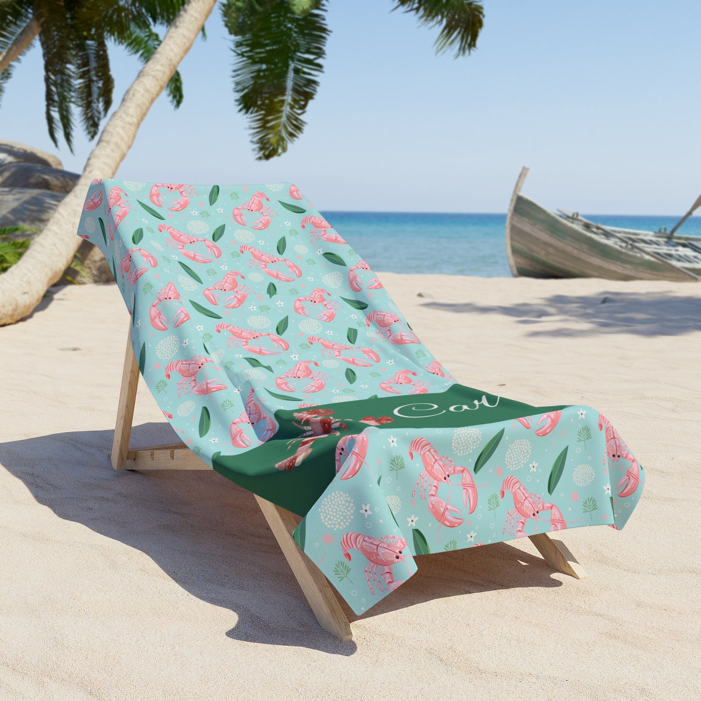Personalized Flamingo Beach Towel - Custom Name Tropical Lobster Pattern