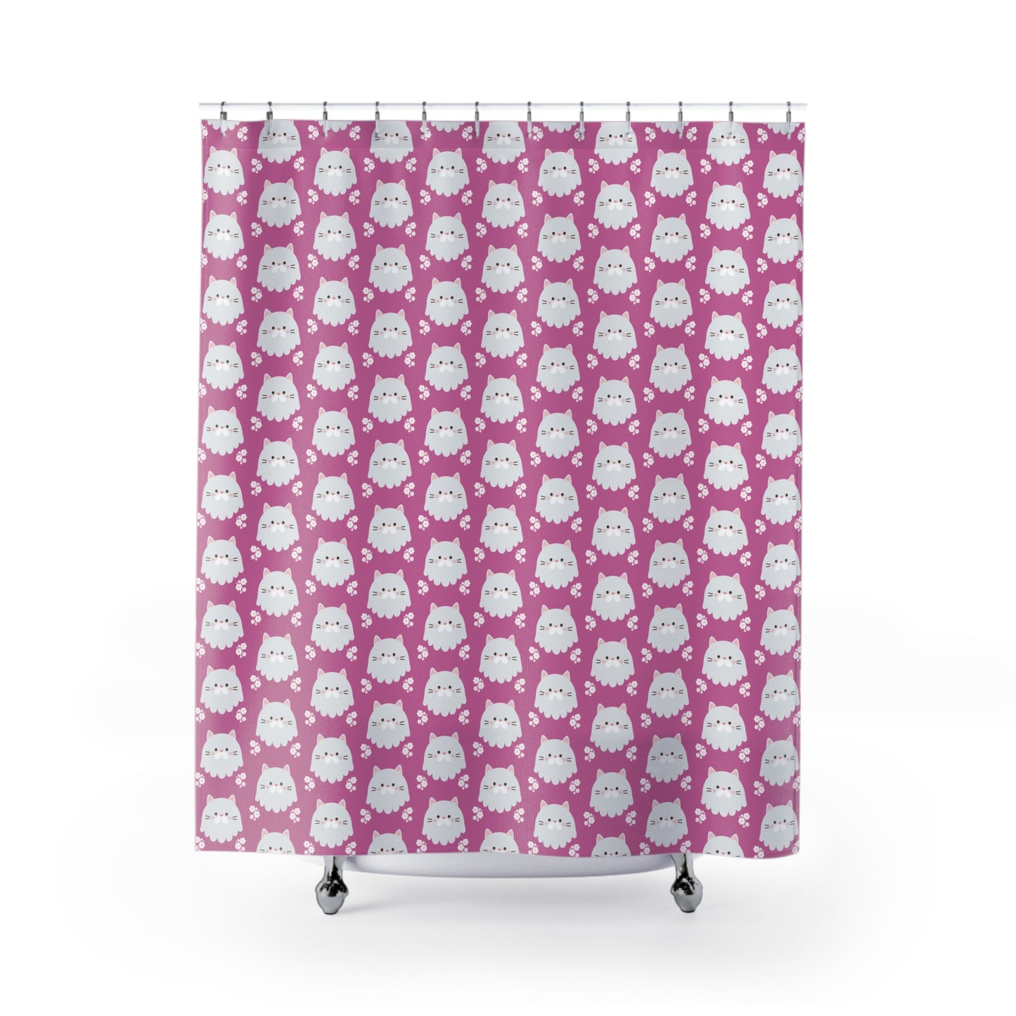 Cute White Kitty Pattern Shower Curtain — Pink Cat Paw Bathroom Decor