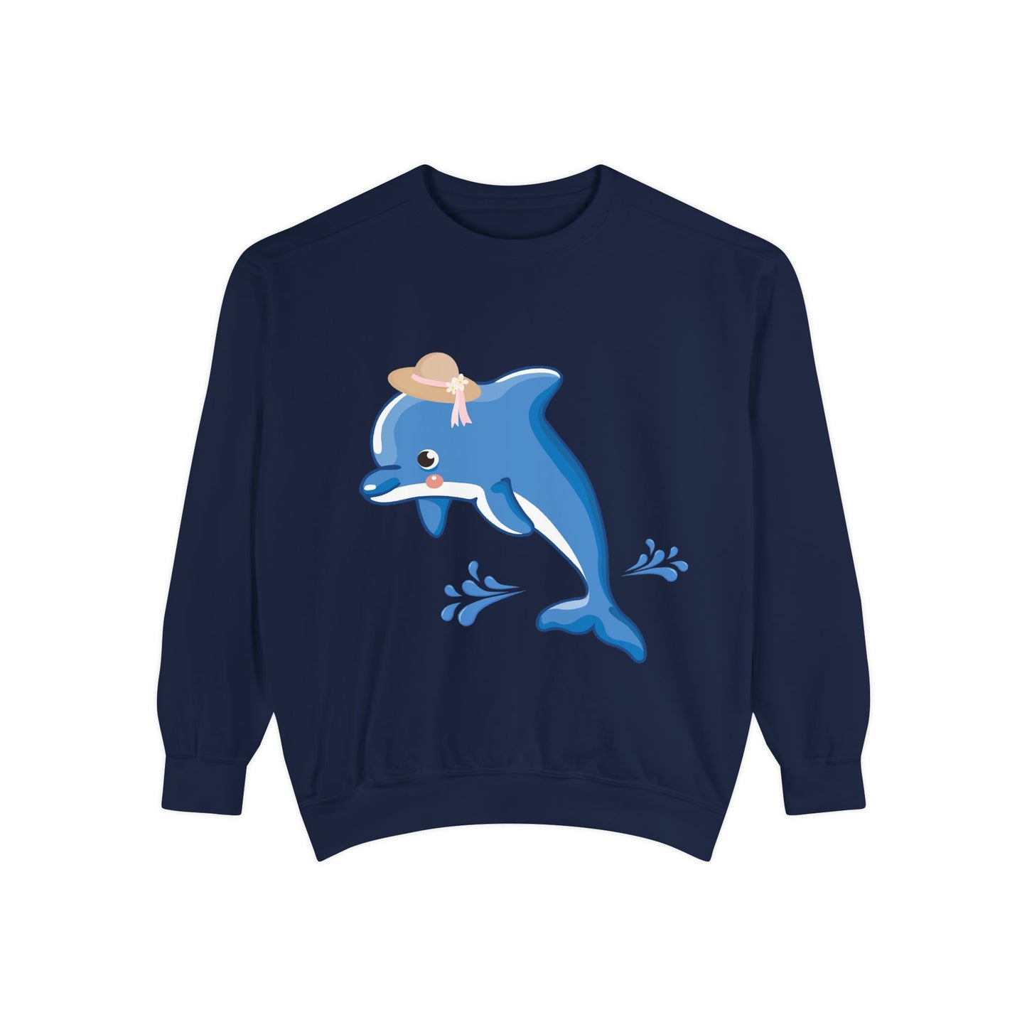 Dolphin wearing a straw hat with stylized water splashes Unisex Garment-Dyed Sweatshirt