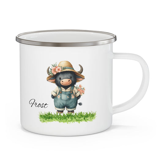 Enamel Mug — Cute Calf in Overalls Camping Cup (Personalize with Name)