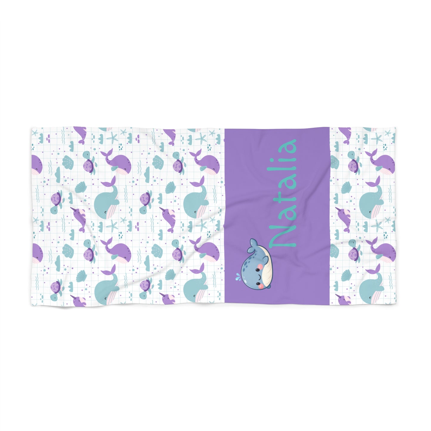 Personalized Narwhal Beach Towel — Cute Purple & Teal Kids Towel with Name
