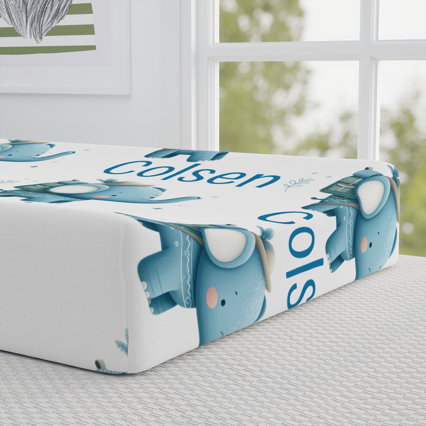 Baby Changing Pad Cover — Personalized Blue Elephant Nursery Cover (Custom Name "Colsen")