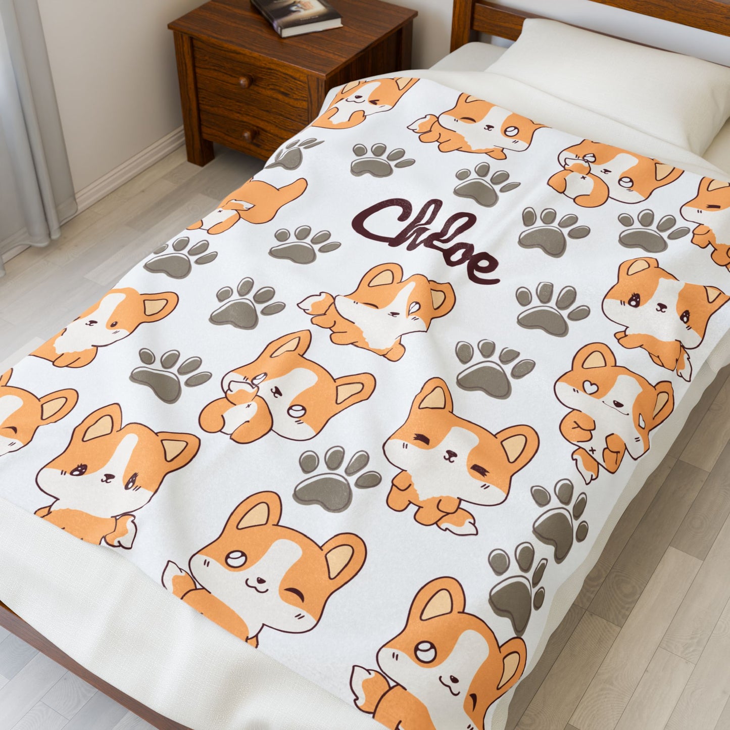 Personalized Velveteen Plush Blanket with Cute Corgis, Pet Lovers Gift, Cozy Home Decor, Kids Comfort Blanket, Custom Name Blanket