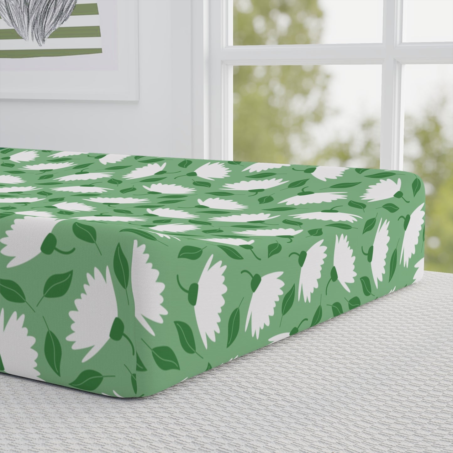 Personalized Green Floral Baby Changing Pad Cover with Cute Bee Name Design