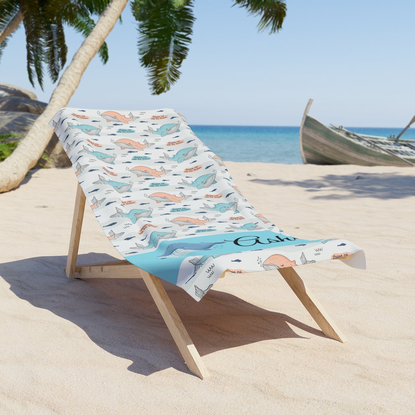Personalized Whale Beach Towel – Custom Name Coastal Ocean Pattern