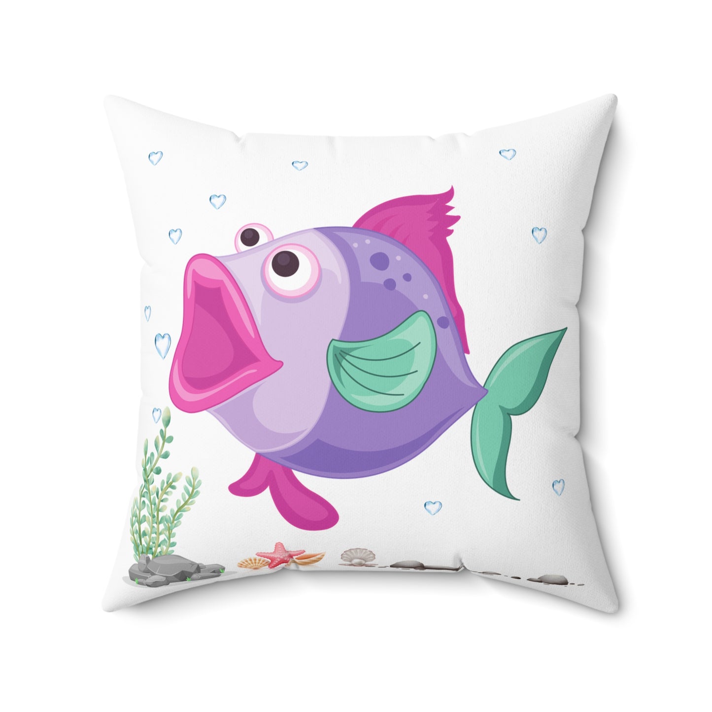 Fish with open mouth bubbles and underwater flora Spun Polyester Square Pillow