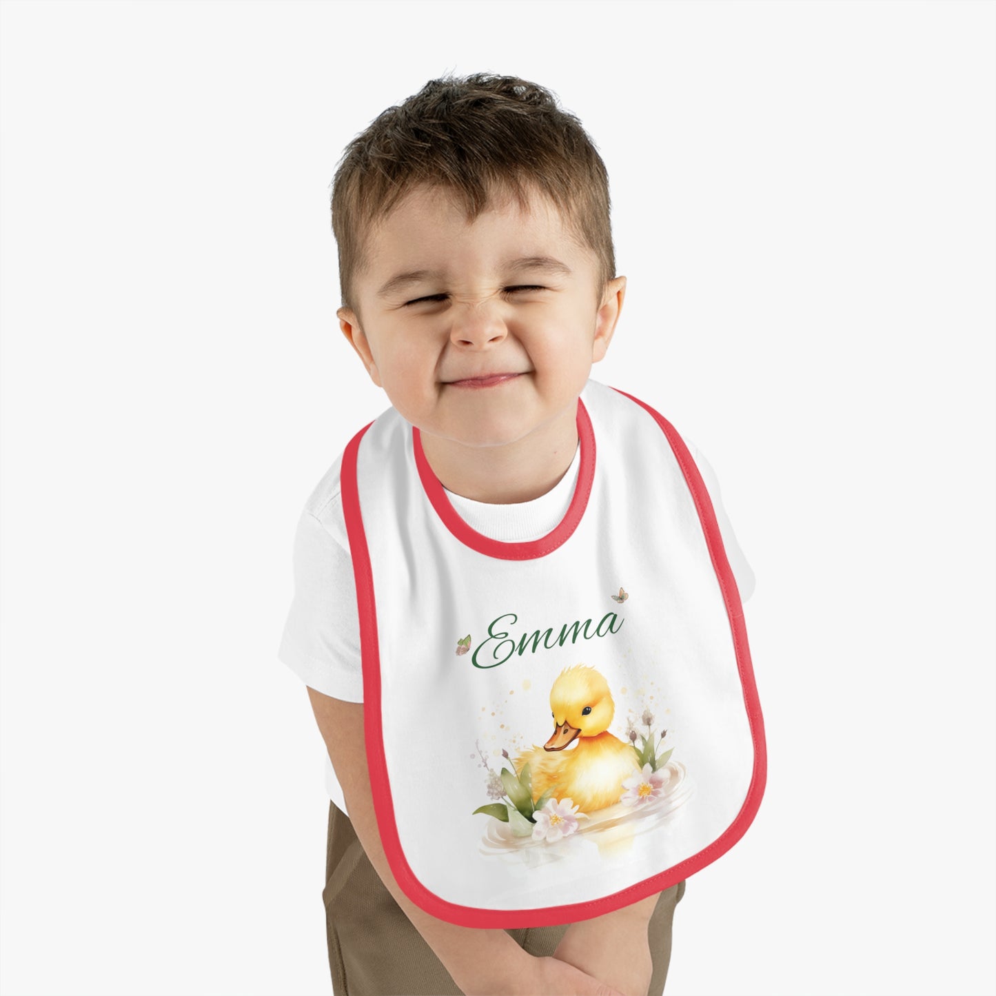 Personalized Duckling Baby Bib — Custom Name Infant Contrast Trim Feeding Bib