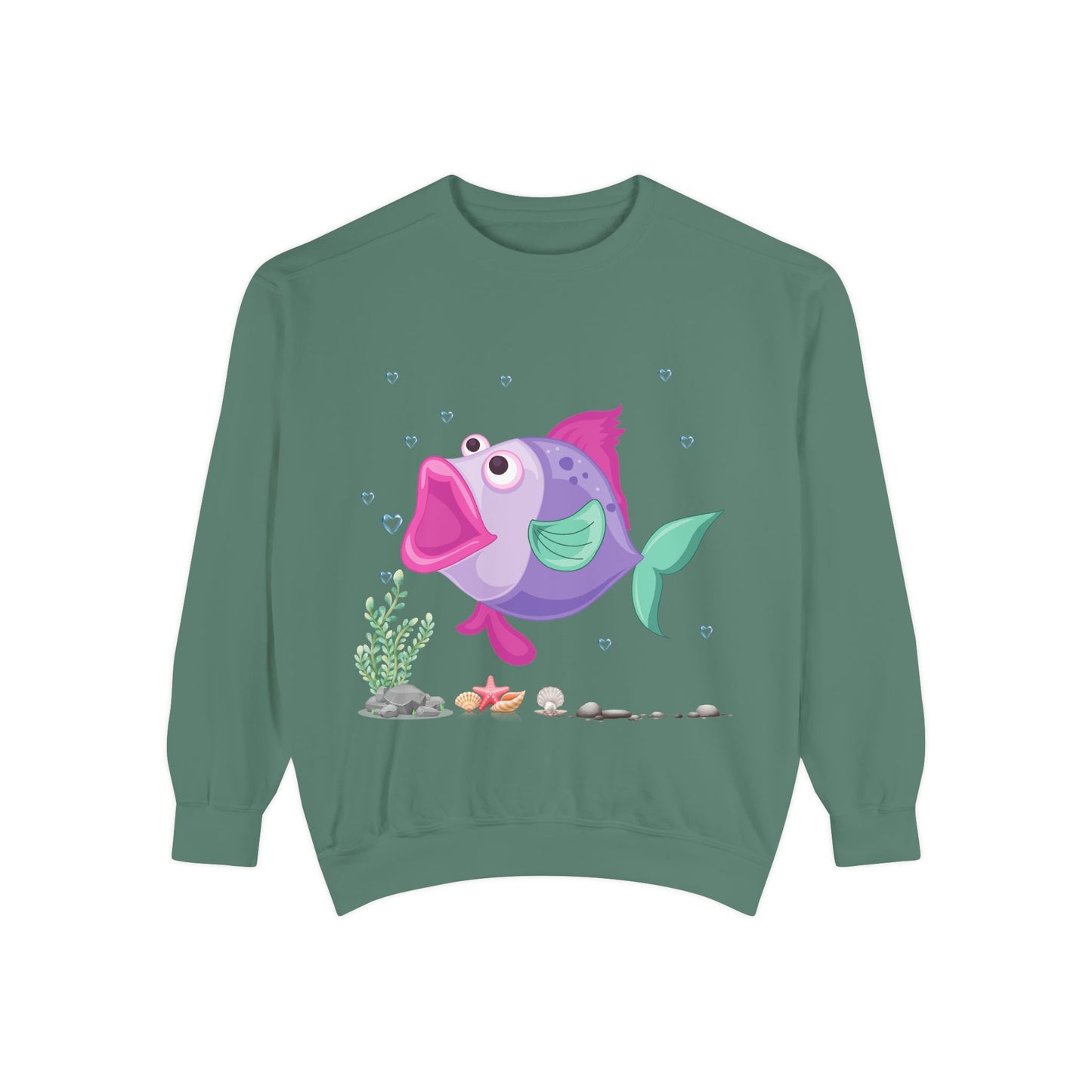 Fish with open mouth bubbles and underwater flora Unisex Garment-Dyed Sweatshirt