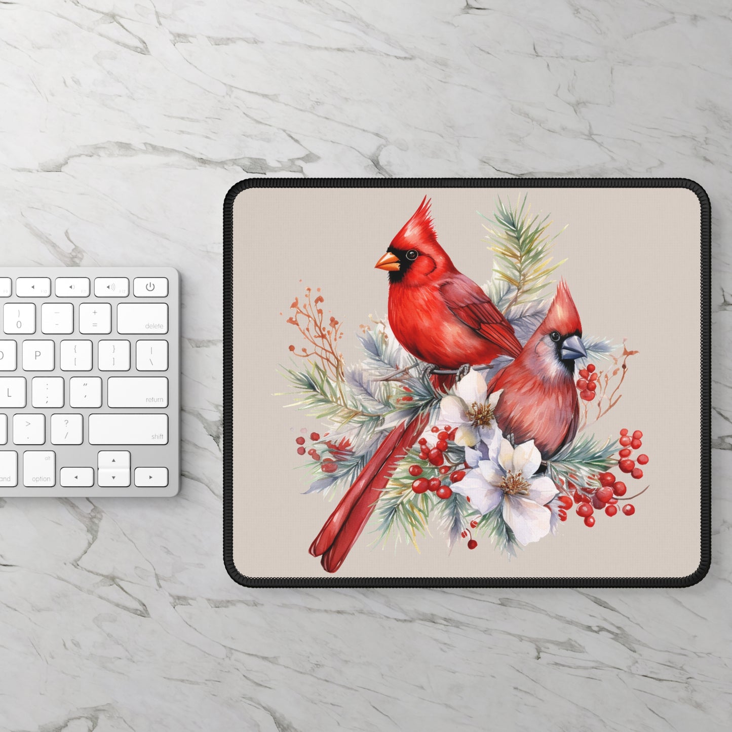 Cardinal Floral Gaming Mouse Pad — Winter Bird Desk Mat