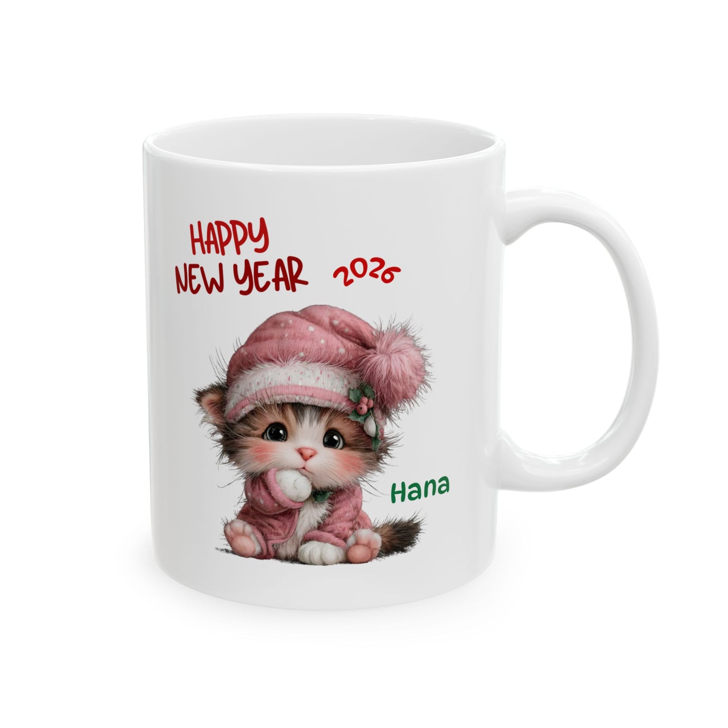 Happy New Year Kitty Ceramic Mug — Personalized Cat Coffee Cup (11oz/15oz)