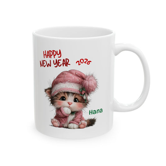 Happy New Year Kitty Ceramic Mug — Personalized Cat Coffee Cup (11oz/15oz)