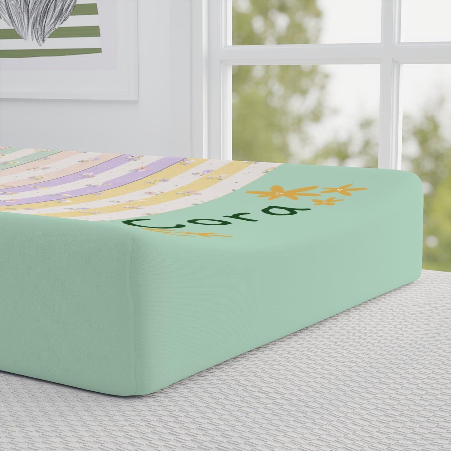 Personalized Floral Name Baby Changing Pad Cover — Pastel Striped Nursery Protector
