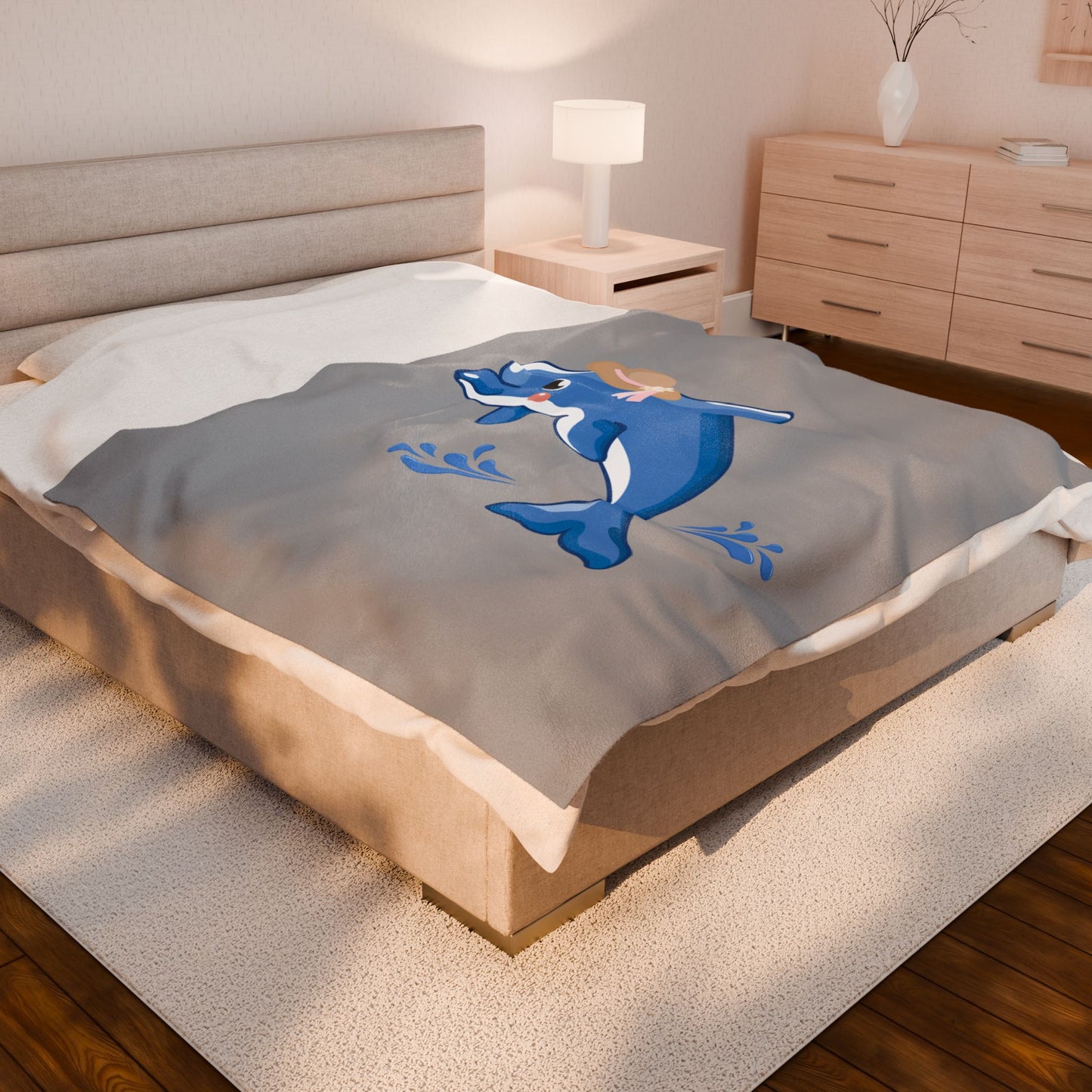 Dolphin wearing a straw hat with stylized water splashes Velveteen Plush Blanket