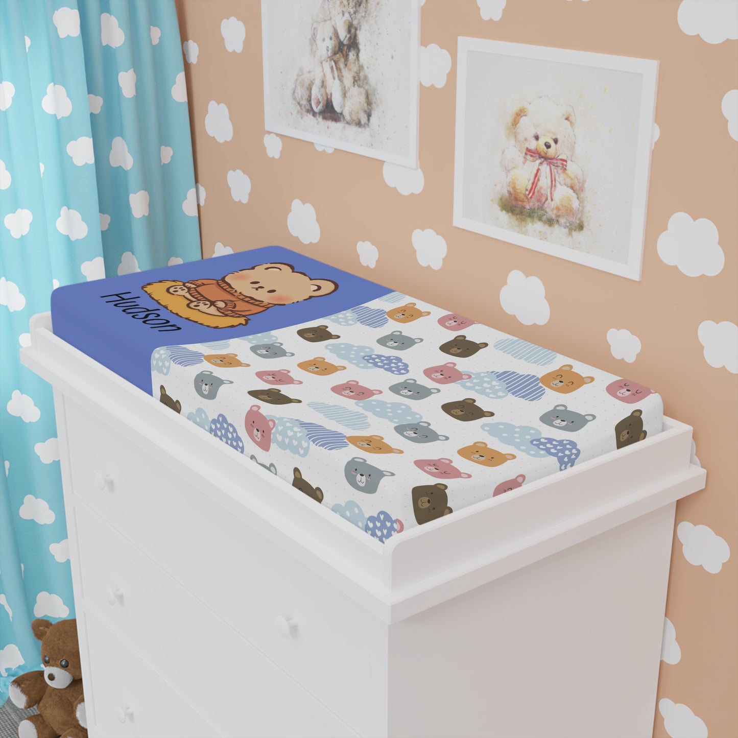 Personalized Bear Baby Changing Pad Cover — Cute Teddy Print, Custom Name