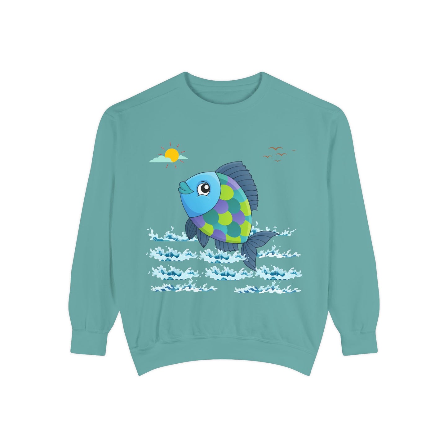 Fish with a sun and birds in the sky above water Unisex Garment-Dyed Sweatshirt