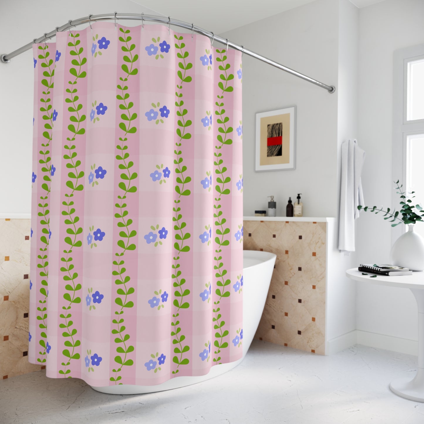 Floral Gingham Shower Curtain – Pink Blue Wildflower Pattern