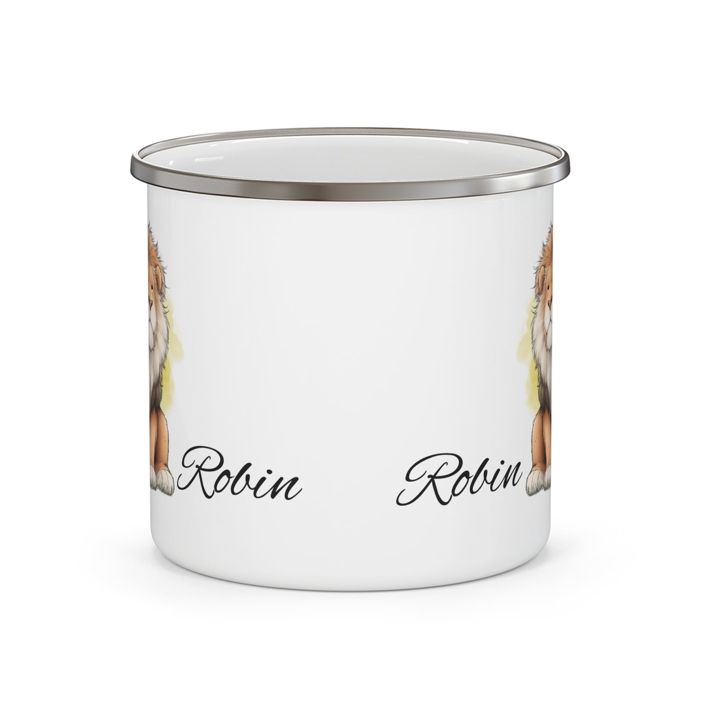 Lion Name Enamel Camping Mug — Personalized "Robin" Rustic Adventure Camper Cup
