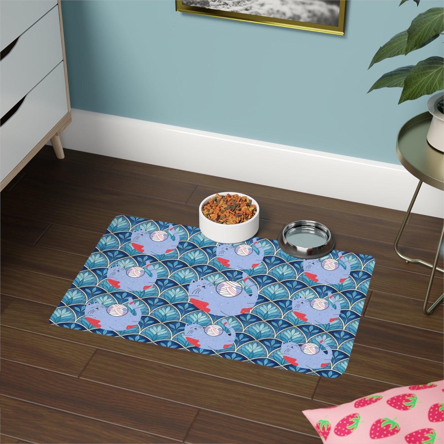 Cat Food Mat — Blue Retro Fish Pattern Pet Feeding Placemat (12x18)