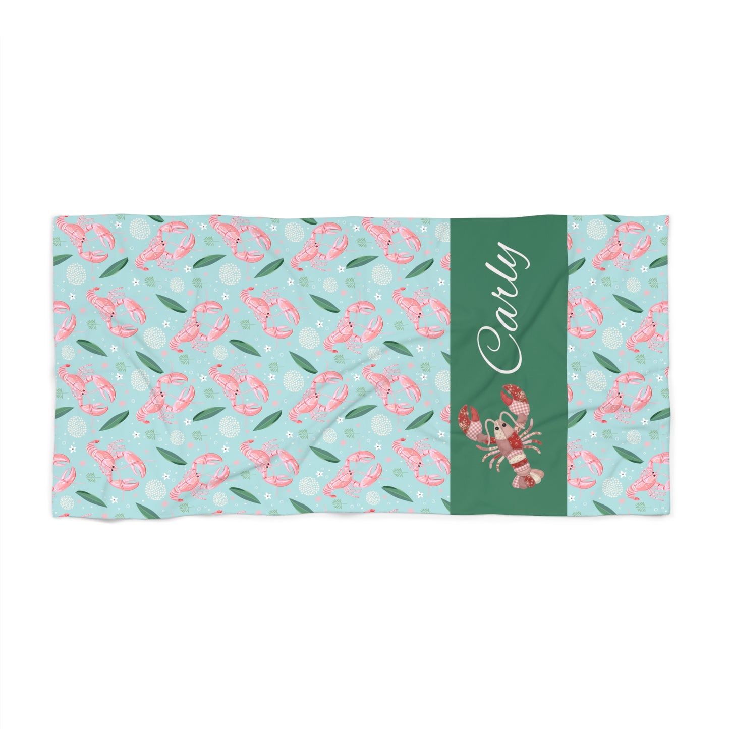 Personalized Flamingo Beach Towel - Custom Name Tropical Lobster Pattern