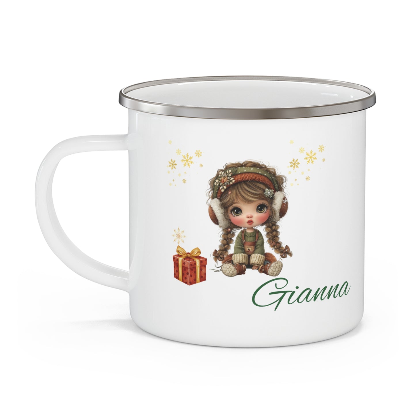 Personalized Enamel Camping Mug with Cute Winter Design