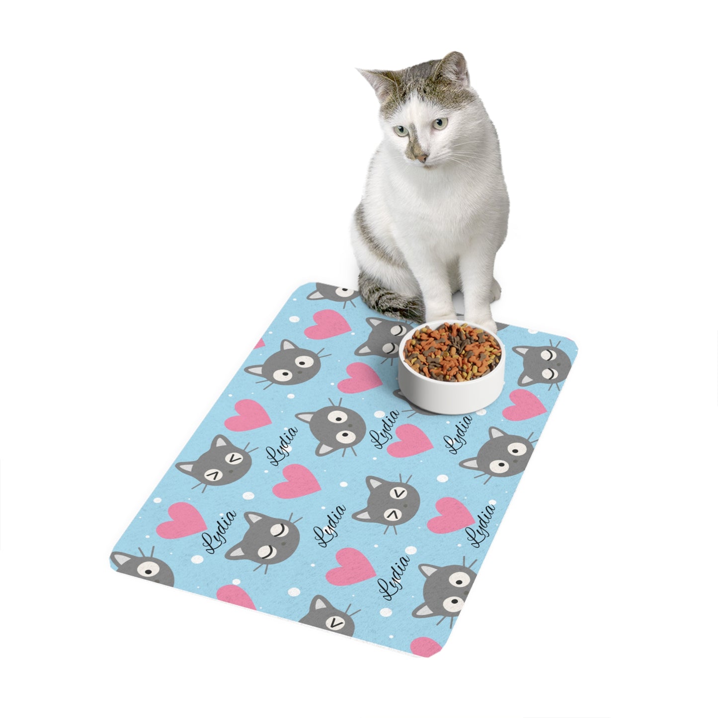 Personalized Cat Food Mat (12x18) — Blue Hearts & Gray Kitty Pattern with Name