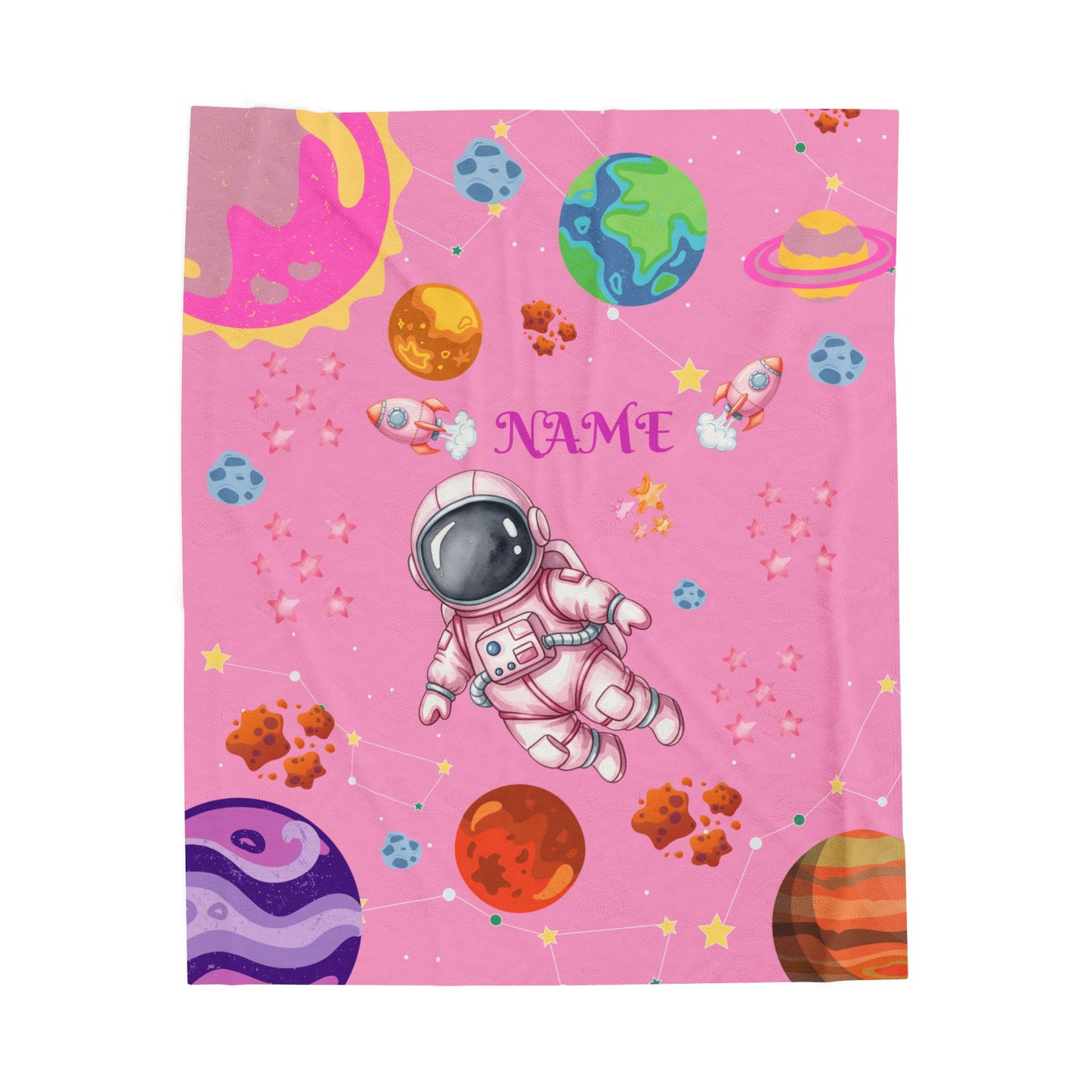 Cozy Astronaut Velveteen Blanket for Kids, Personalized Space Rocket Throw for Nursery, Gifts for Birthdays, Baby Showers, and Holidays