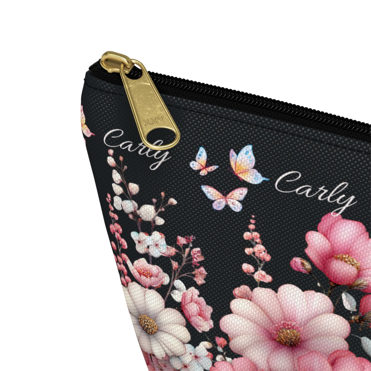 Floral Cosmetic Pouch with Pink Blooms — Personalized 'Carly' Accessory Bag