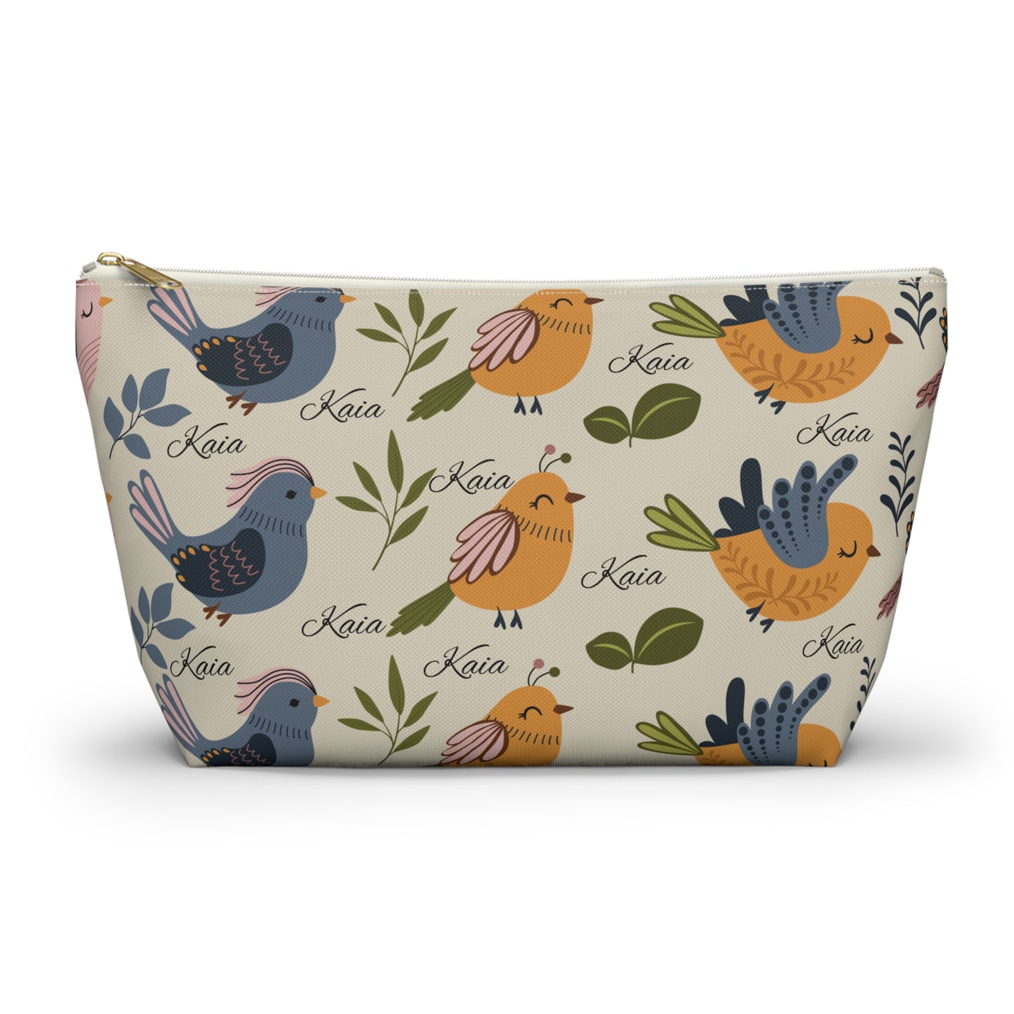 Bird Pattern Accessory Pouch — Personalized "Kaia" Cosmetic Bag