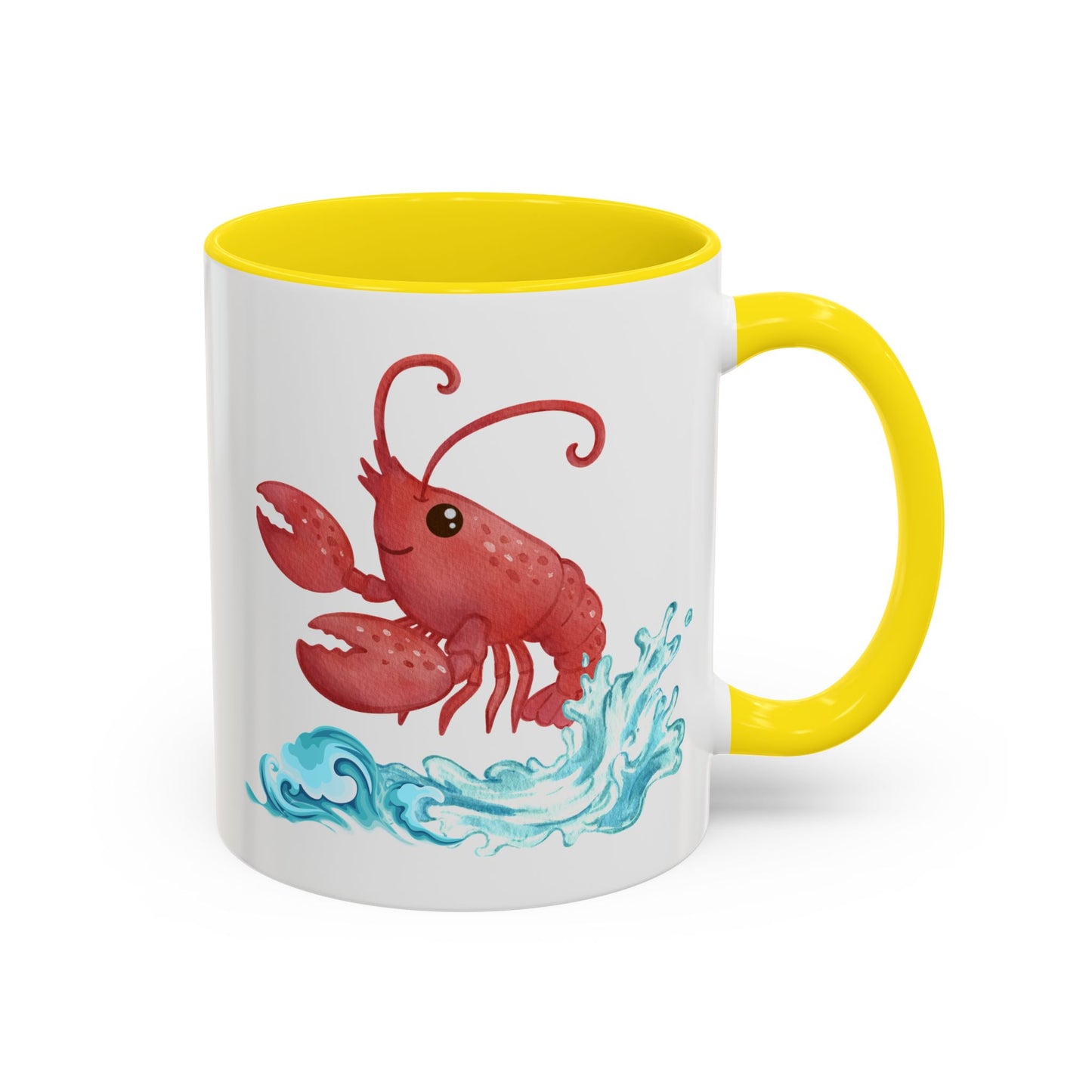 Cheerful red lobster emerging from stylized blue waves Coffee Mug