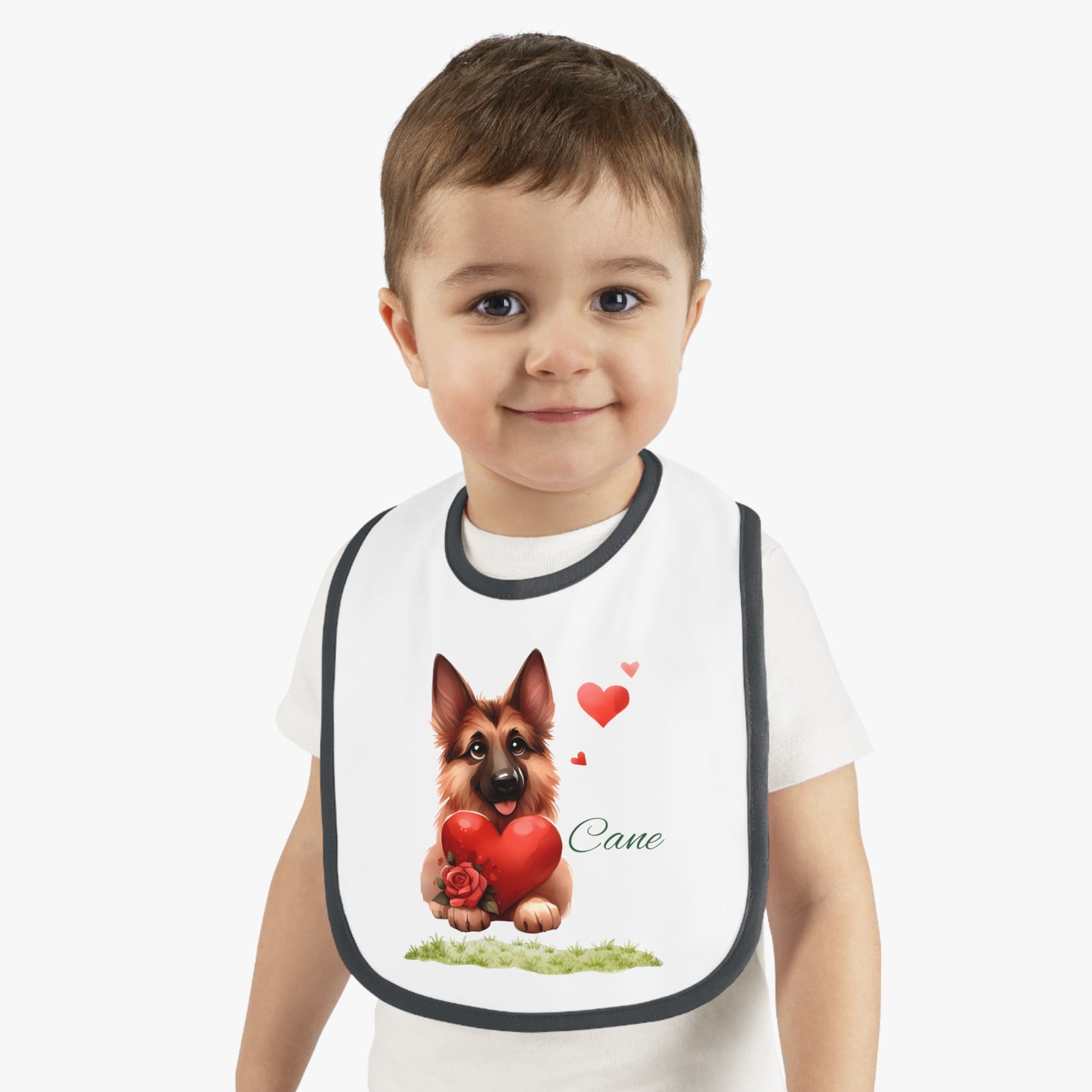 German Shepherd Baby Bib — Cute Puppy Holding Heart Valentine Infant Bib