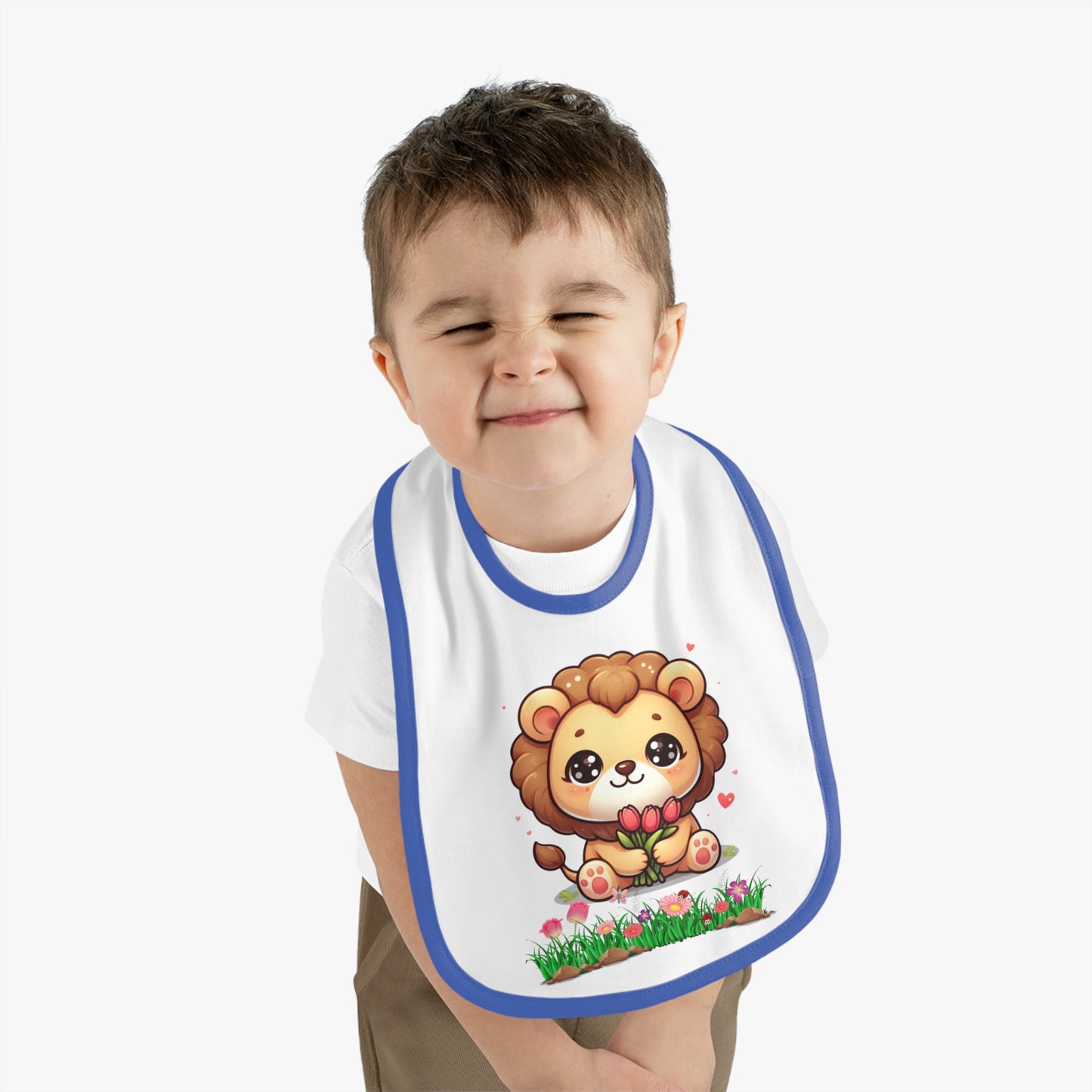 Baby Bib — Cute Lion Holding Flowers, Contrast Trim Infant Feeding Bib