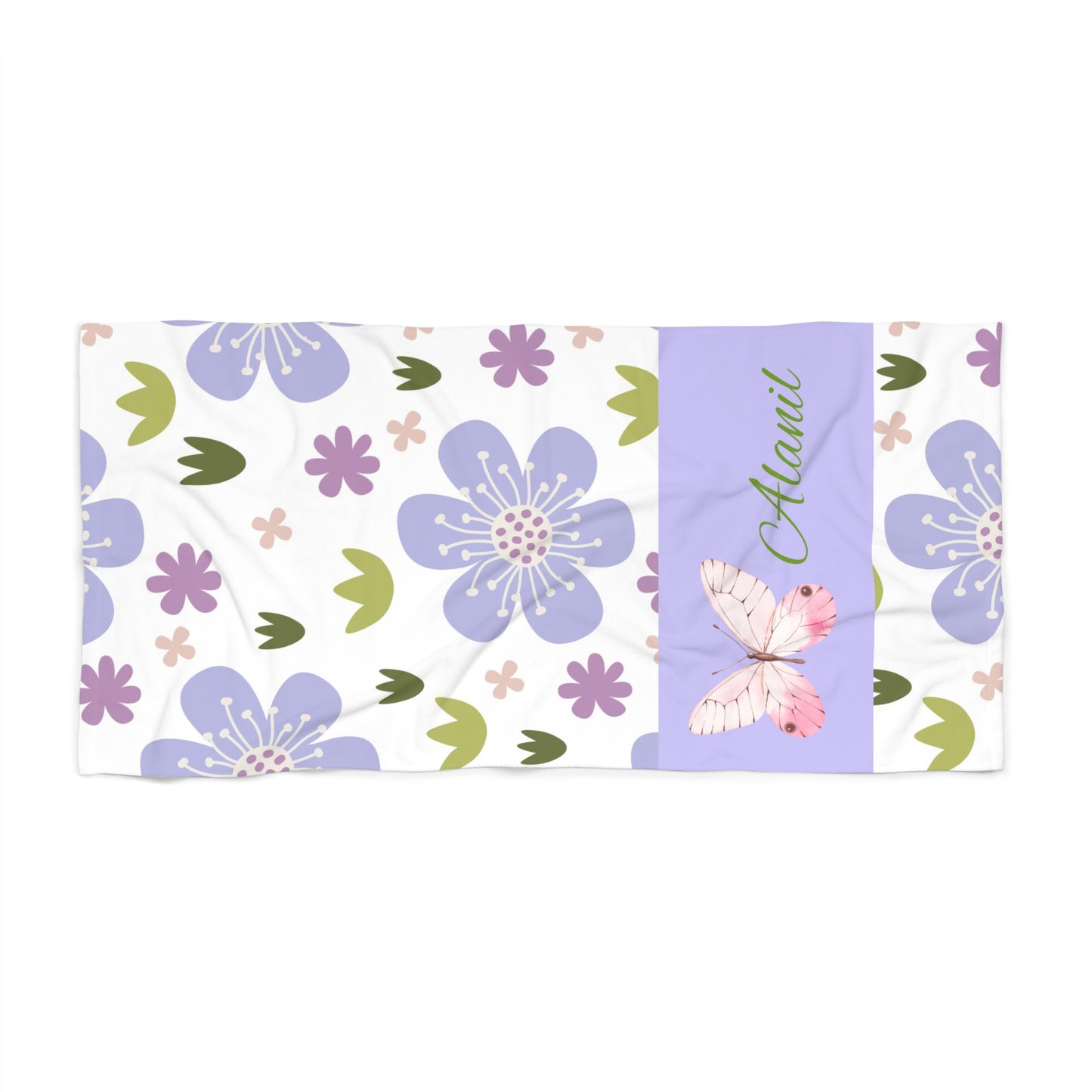 Personalized Floral Beach Towel — Lavender Hibiscus Pattern with Butterfly and Name