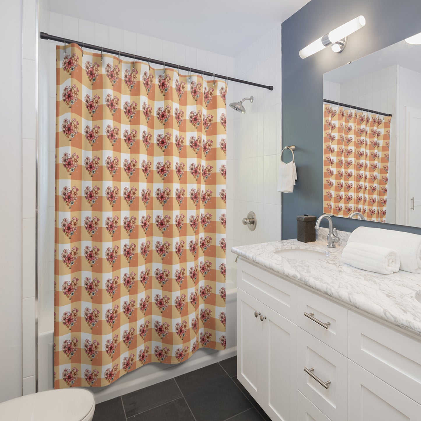 Floral Heart Gingham Shower Curtain — Cozy Farmhouse Bathroom Decor