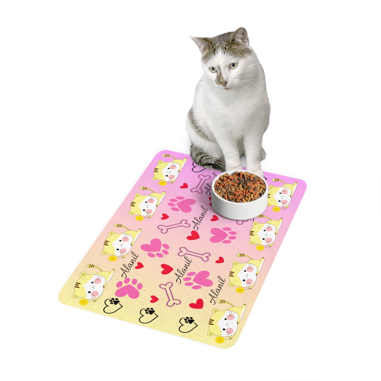 Personalized Cute Cat & Paws Pet Food Mat (12x18)