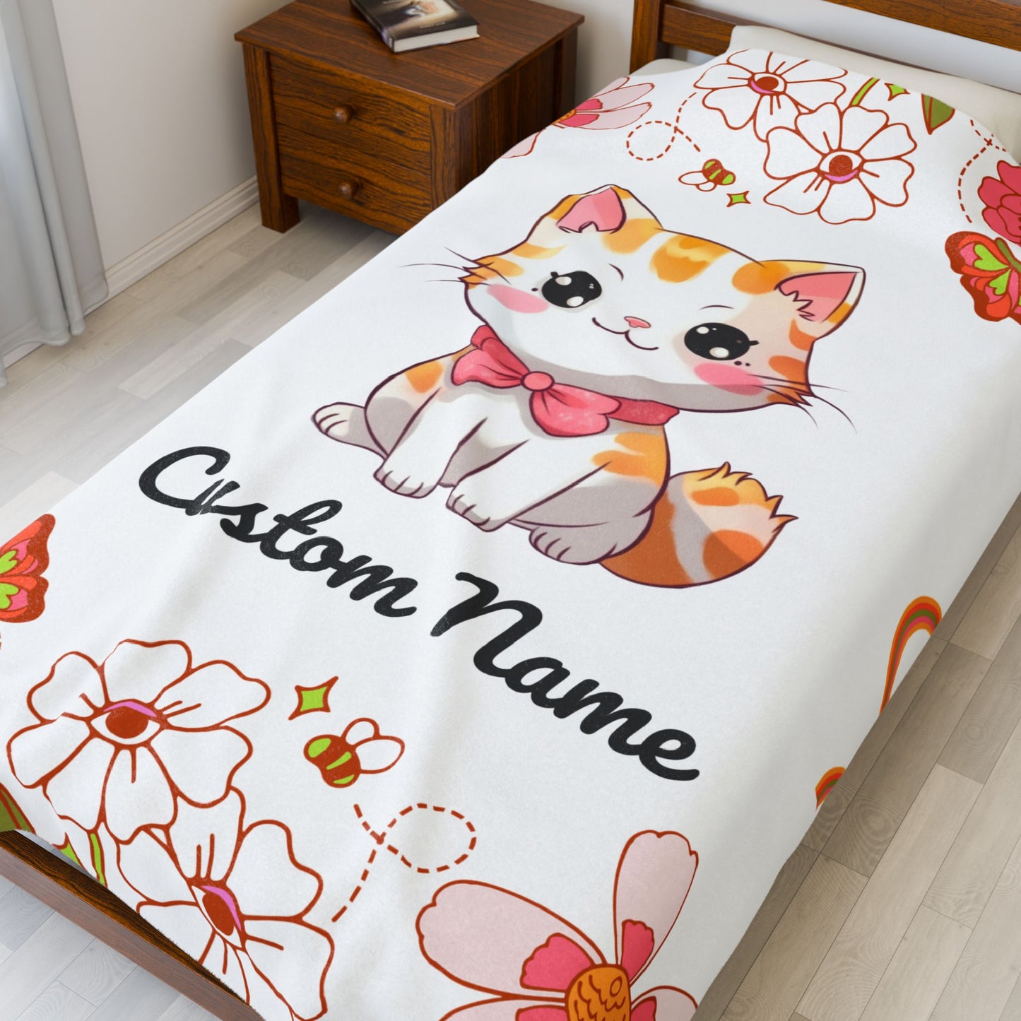 Custom Cat Plush Blanket, Personalized Velveteen Blanket for Kids, Cozy Cat Themed Gift, Baby Shower Blanket, Floral Comfort Throw