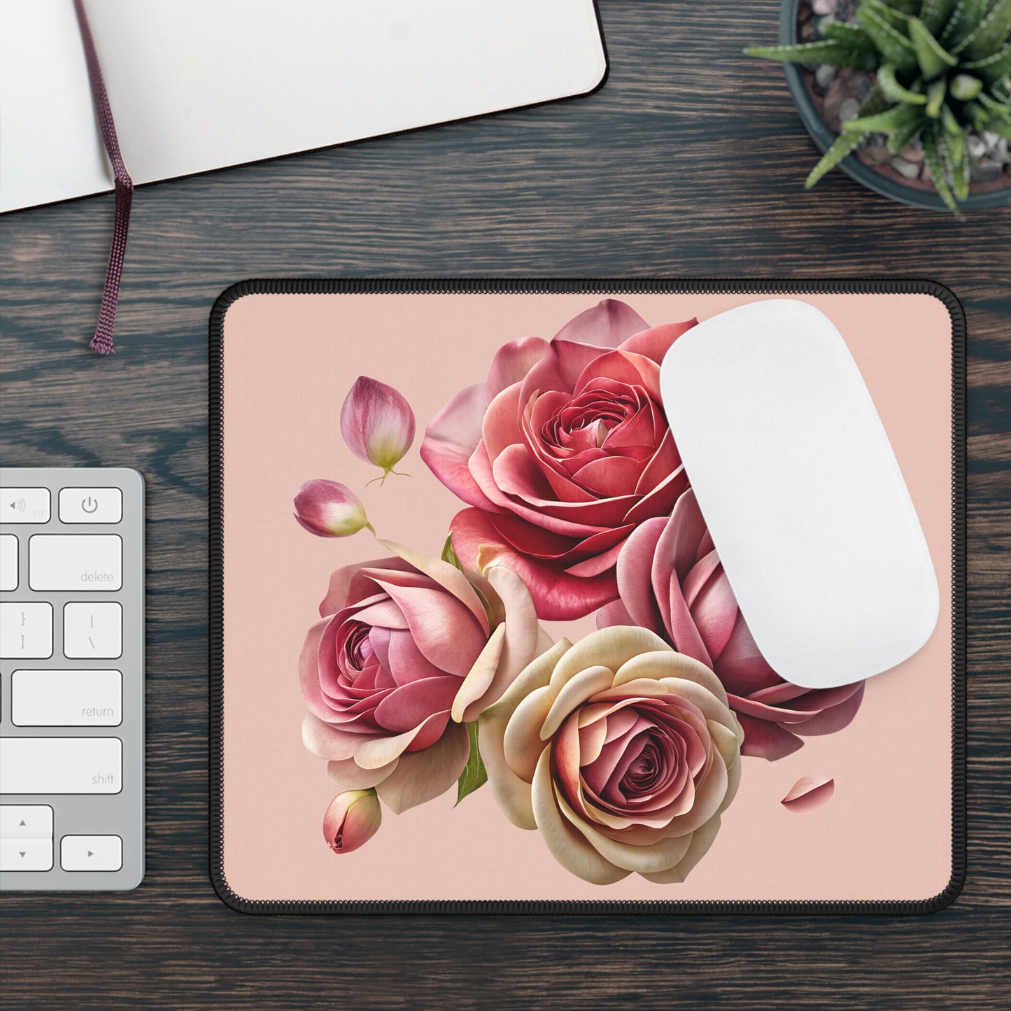 Floral Rose Gaming Mouse Pad — Pink Vintage Bouquet Desk Mat