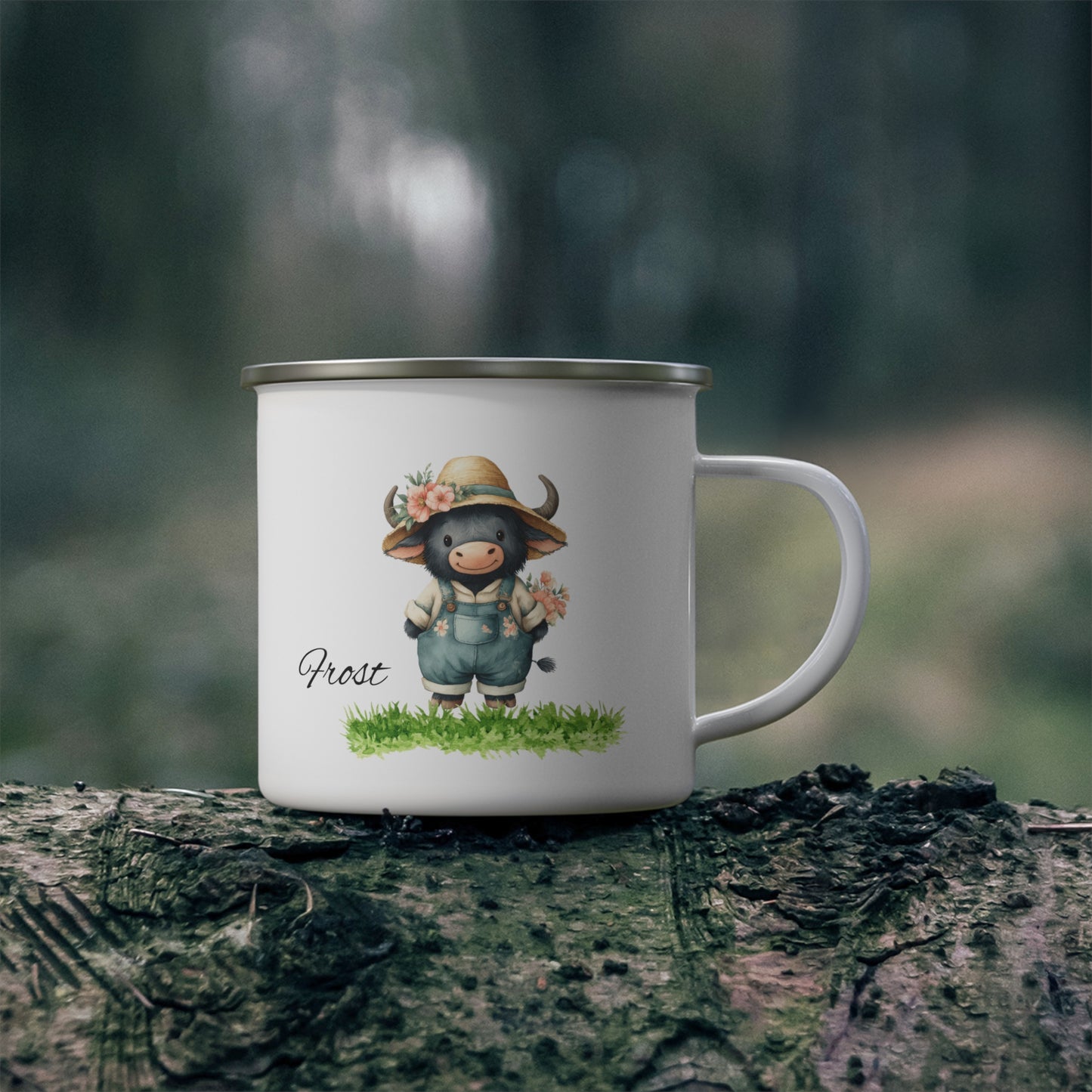 Enamel Mug — Cute Calf in Overalls Camping Cup (Personalize with Name)