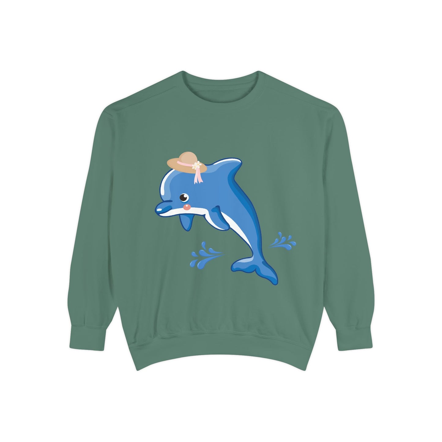 Dolphin wearing a straw hat with stylized water splashes Unisex Garment-Dyed Sweatshirt