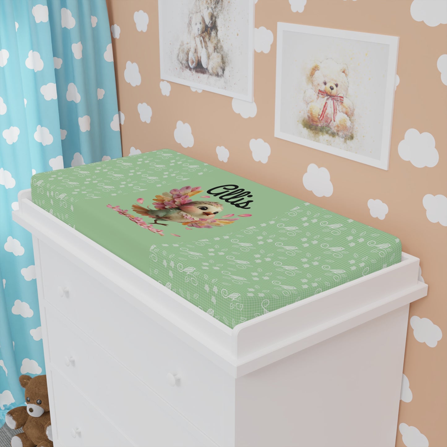Personalized Baby Changing Pad Cover — Floral Bird Name Design (Customizable)