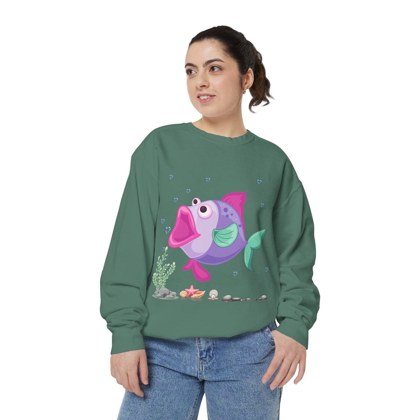 Fish with open mouth bubbles and underwater flora Unisex Garment-Dyed Sweatshirt