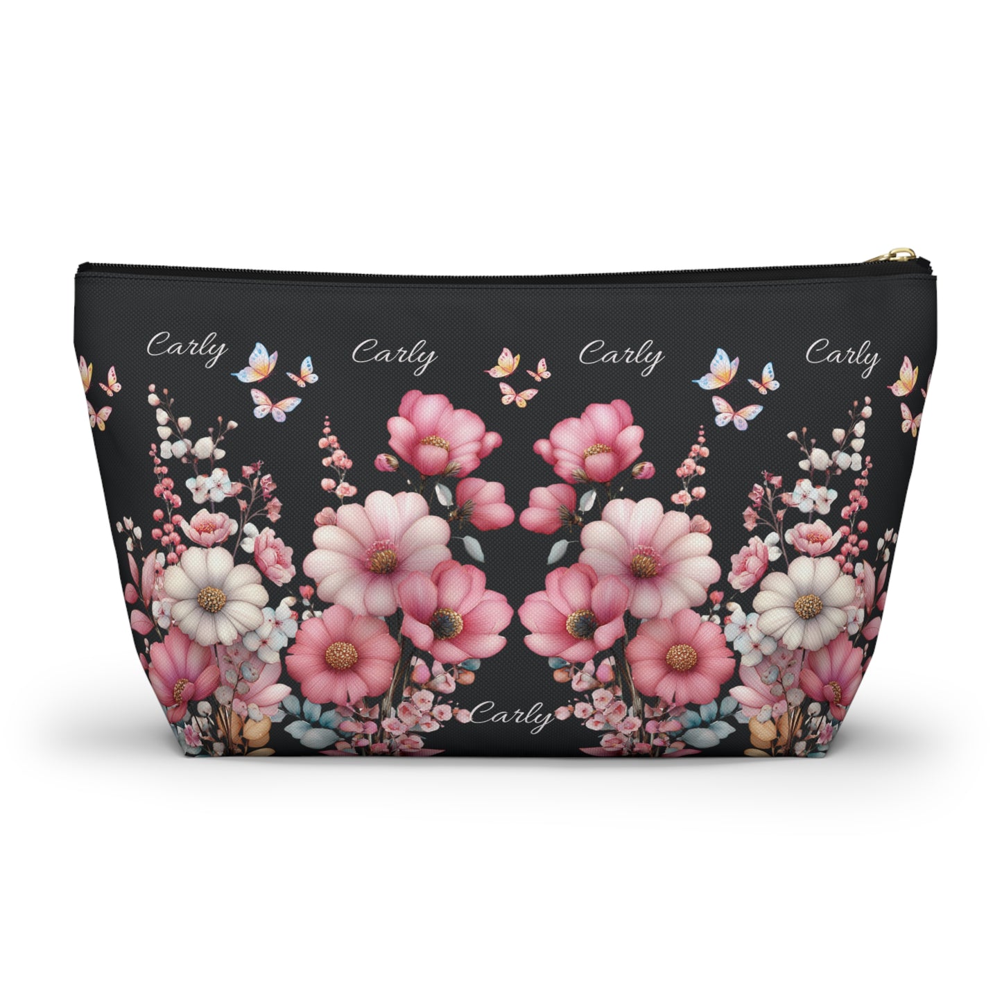 Floral Cosmetic Pouch with Pink Blooms — Personalized 'Carly' Accessory Bag