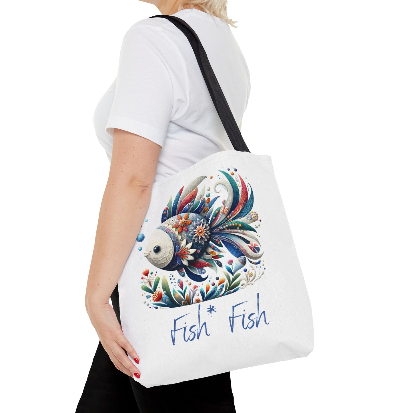 Floral Fish Tote Bag — Colorful Whimsical "Fish Fish" Canvas Tote