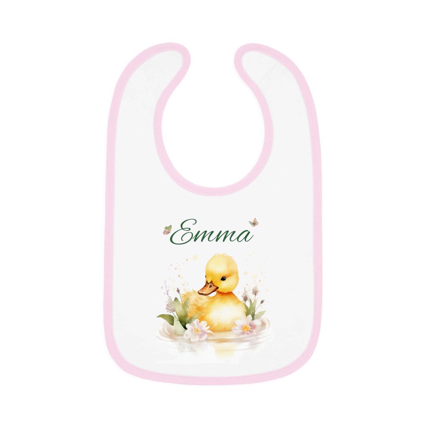 Personalized Duckling Baby Bib — Custom Name Infant Contrast Trim Feeding Bib