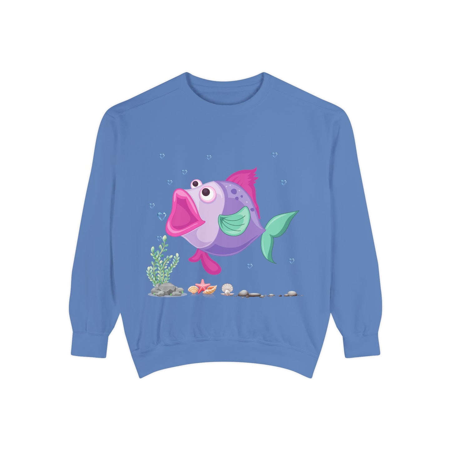 Fish with open mouth bubbles and underwater flora Unisex Garment-Dyed Sweatshirt