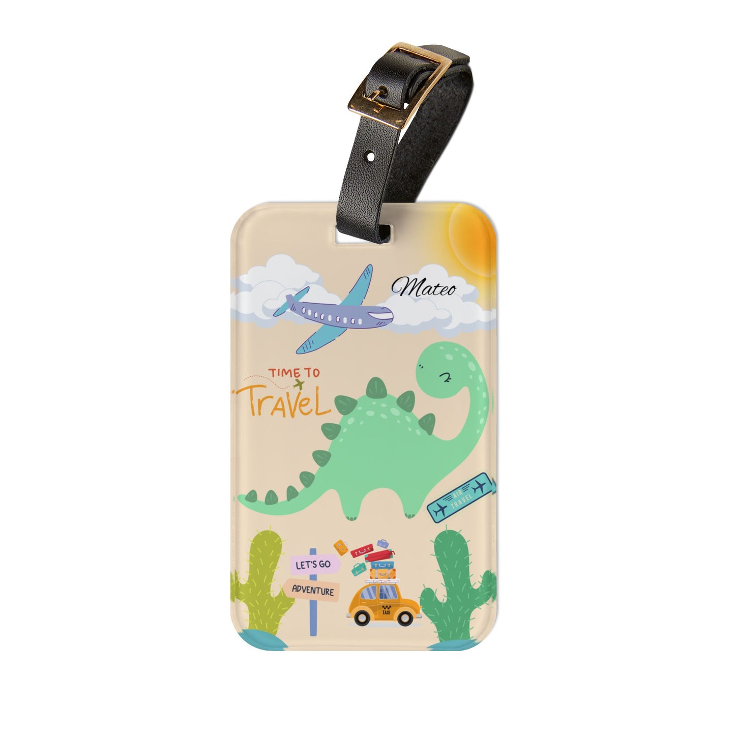 Kids Dinosaur Travel Luggage Tag — Personalized 'Time to Travel' ID Tag